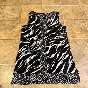 Dana Buchman Signature Womens Zebra Print Keyhole Tunic Top Black White Medium